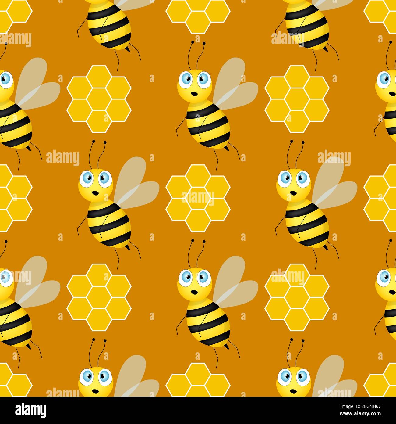 Seamless pattern with bees and honeycombs on brown background. Small ...