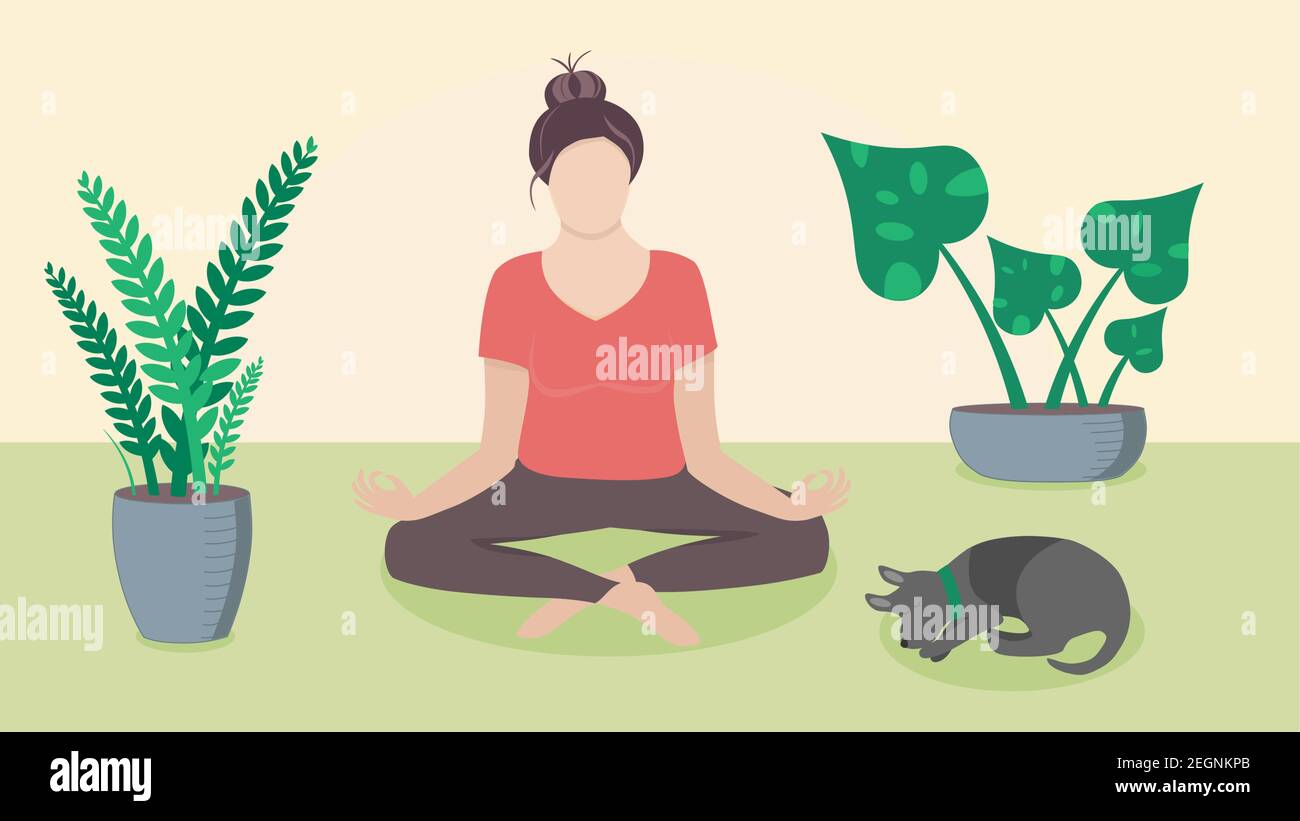 Woman meditating at home on the floor with plants and sleeping dog ...