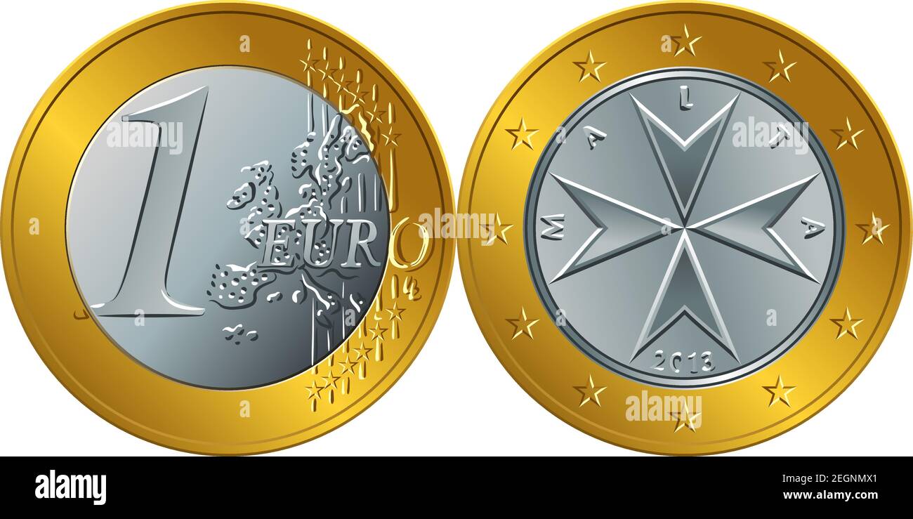 Obverse and reverse of Maltese money one euro coin with the image of Maltese cross Stock Vector