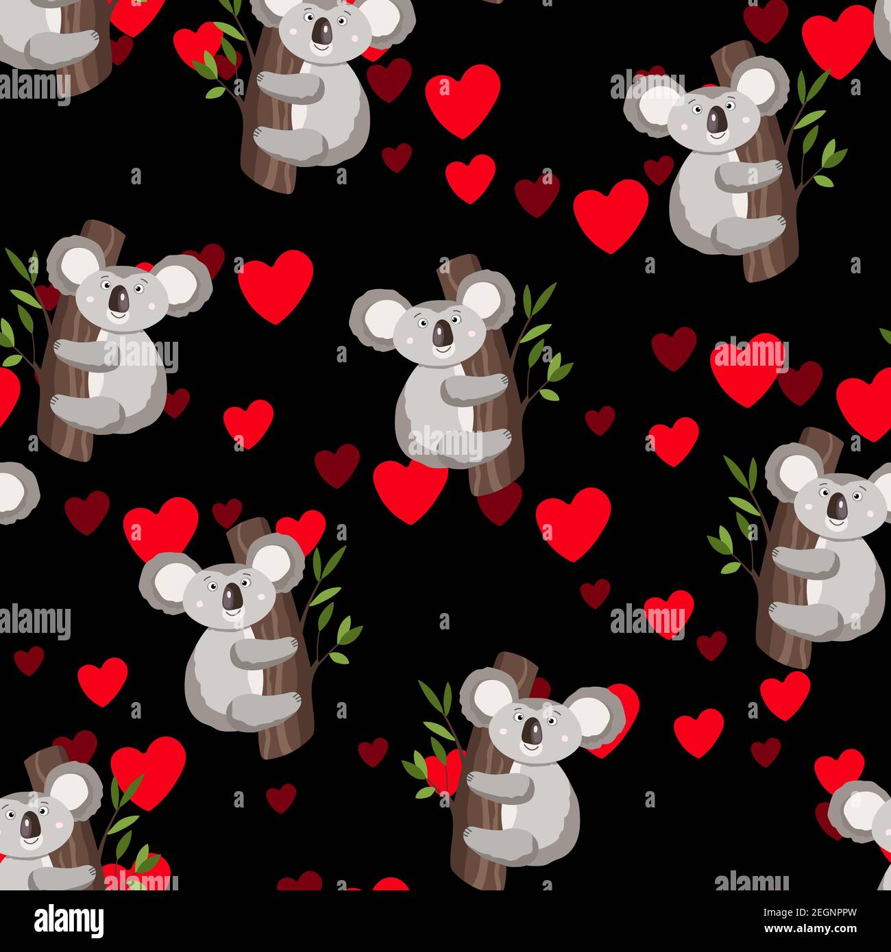 Seamless pattern with cute koala baby and hearts on dark background ...
