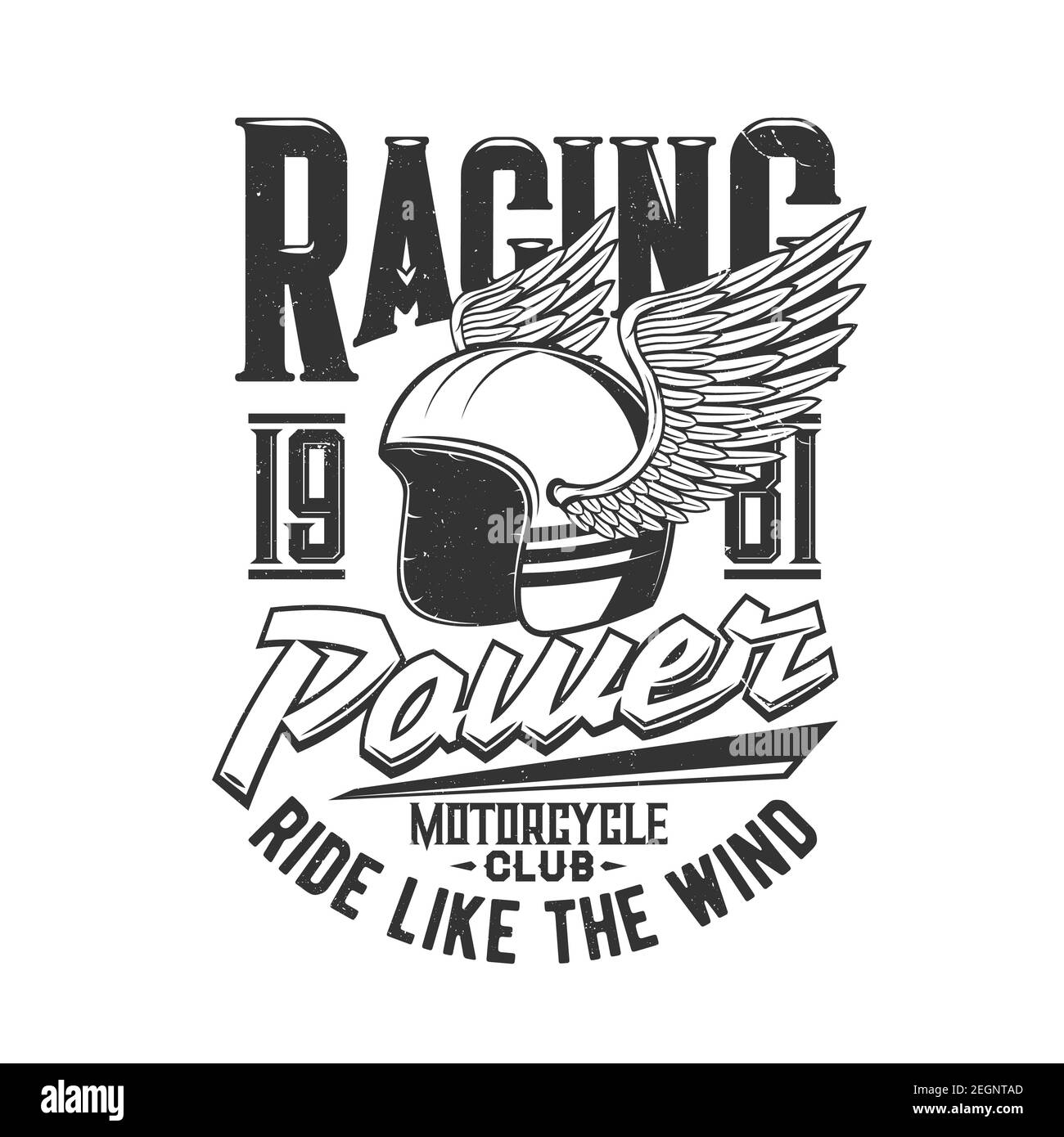 Motorcycle racers club and motor races helmet with wing, retro vector icon. Motorbike sport club t-shirt print, vintage cars or auto and speedway raci Stock Vector