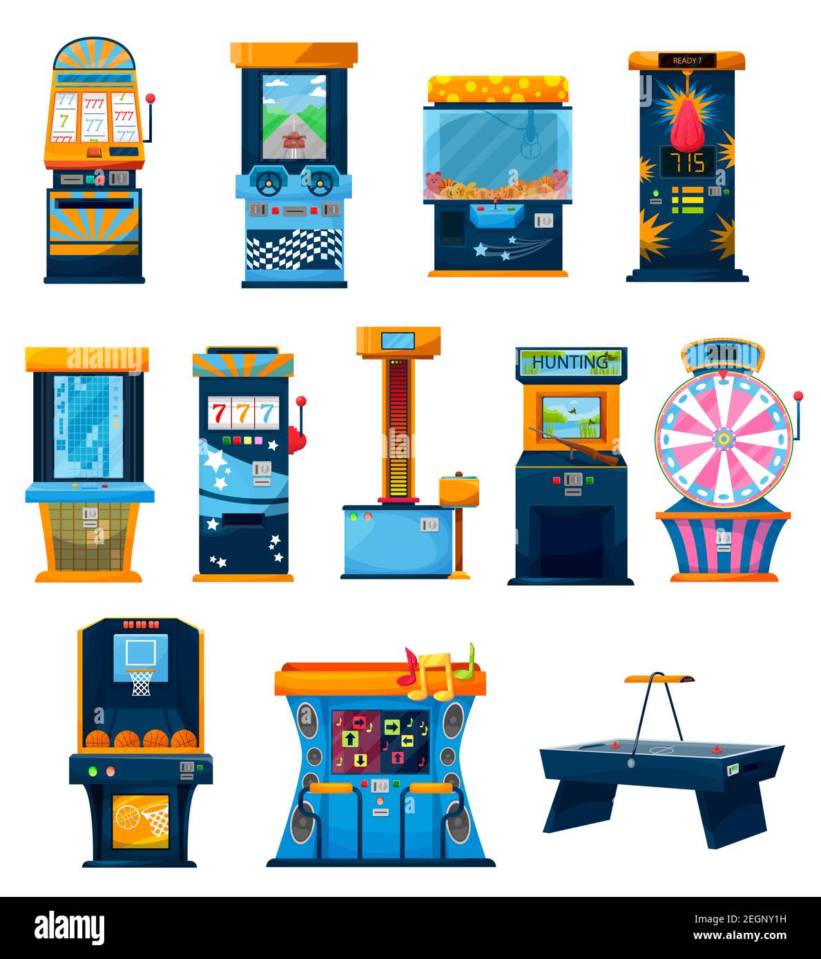 Game machines vector icons, cartoon lucky wheel, one armed bandit and slot machine, basketball, dance and riffle shooting. Casino or recreation family Stock Vector