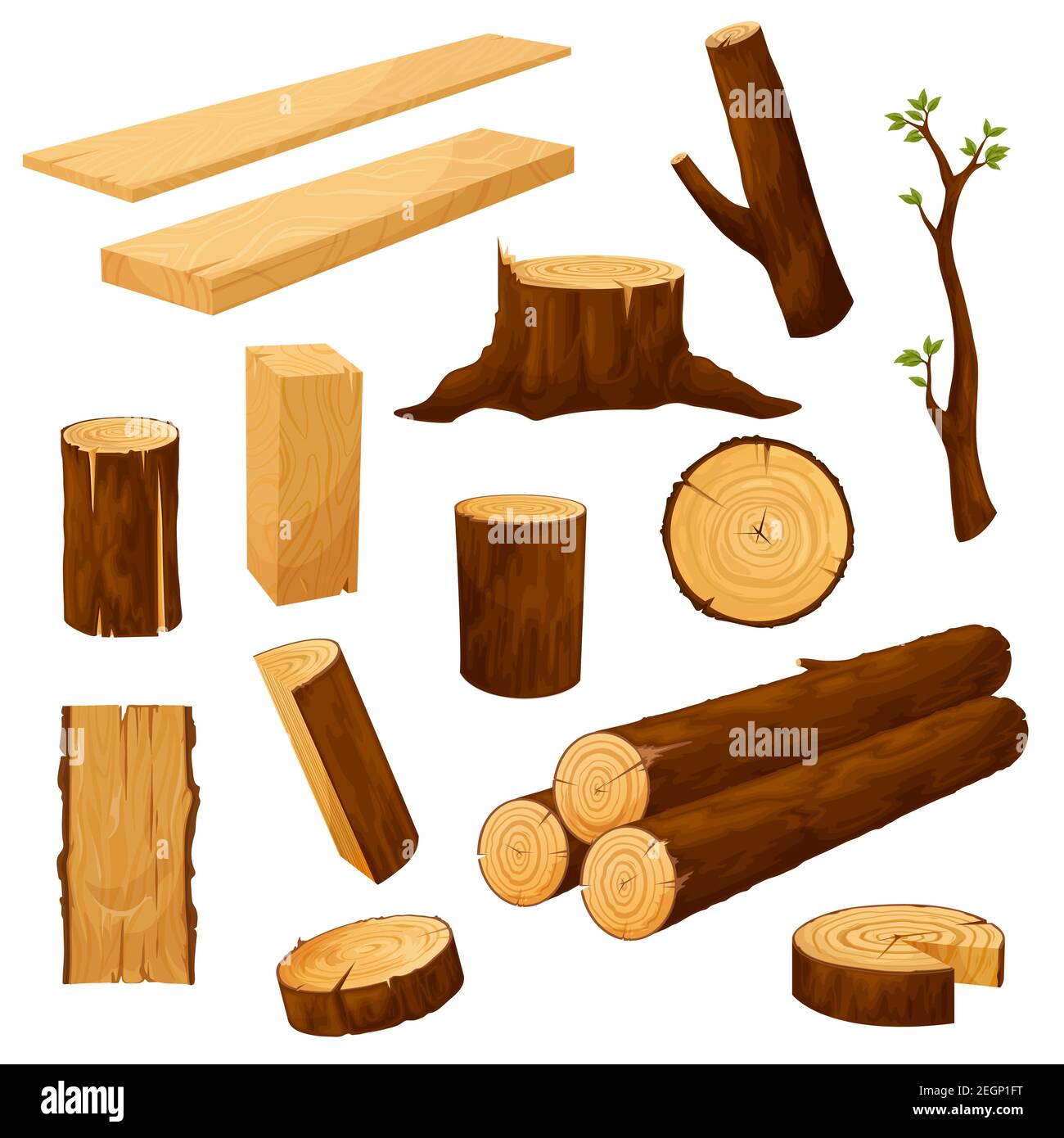 Tree stump, timber materials and wooden logs. Wooden plank, beam and billet, tree branch with leaves and cutted wood piece, firewood chunk cartoon vec Stock Vector