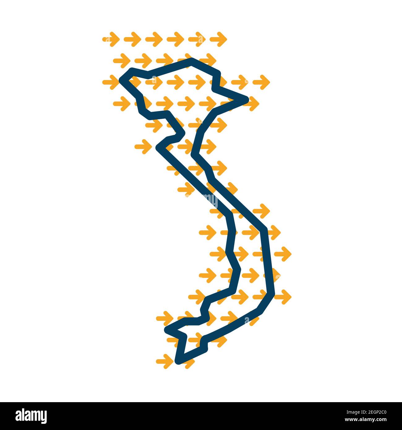 Vietnam simple outline map with yellow direction guide arrows. Stock Vector