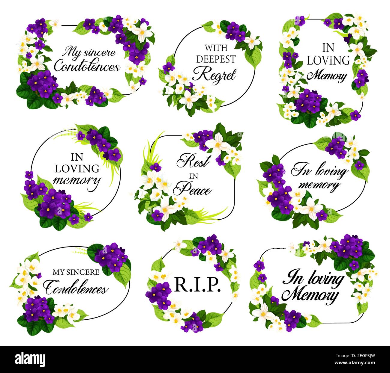 Funeral vector frames with mourning white and violet flowers, sincere condolence, rest in peace, deepest regret typography. Obituary mournful funereal Stock Vector