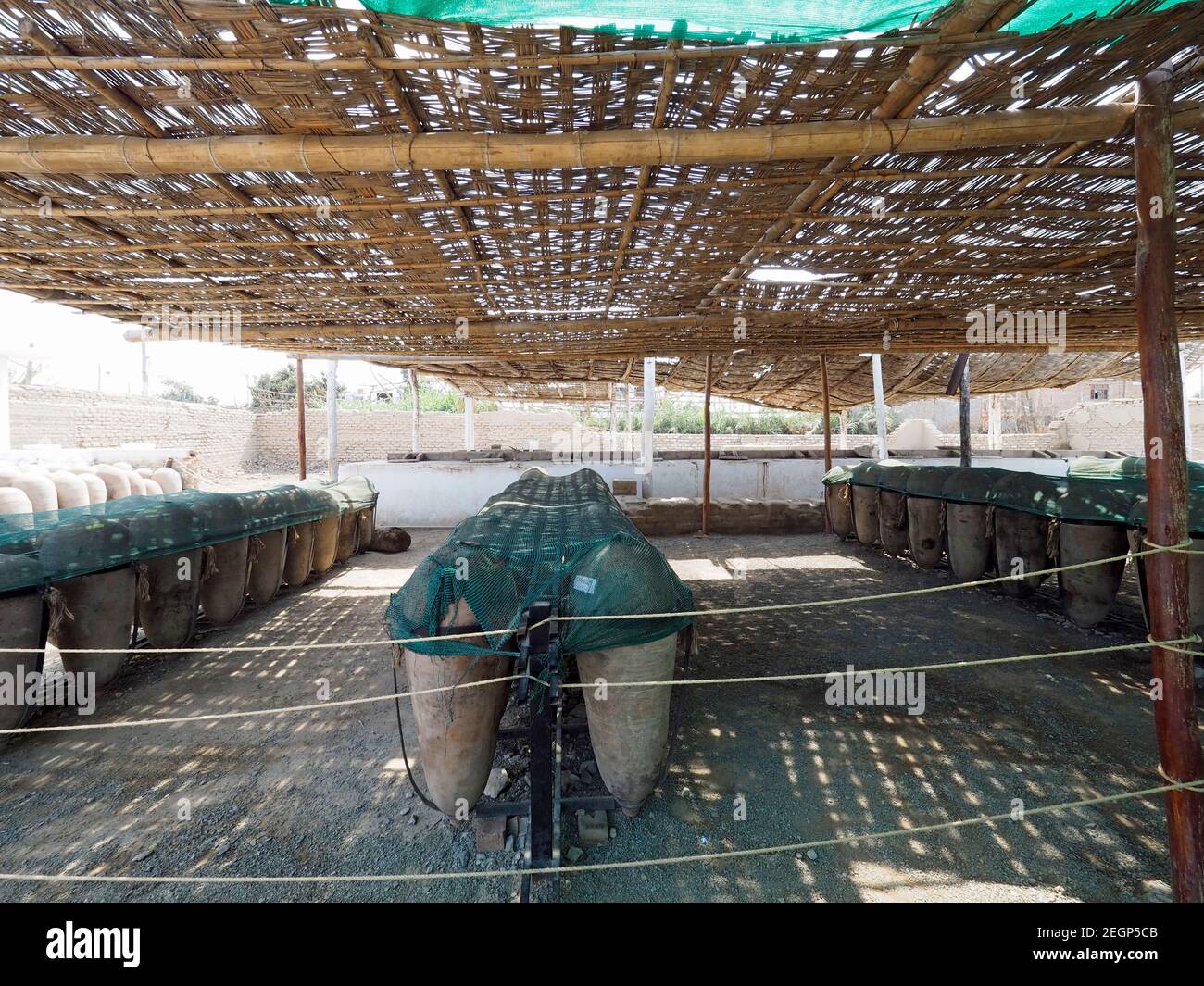 Ceramic vases covered under a green net and a bamboo roof, bases used fro the wine and pisco production in peru Stock Photo