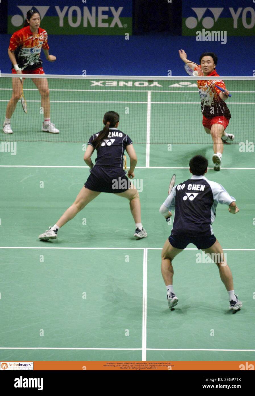 Badminton - Yonex All England Open Championships - Mixed Doubles Final -  16/2/03 Winners Zhang Jun and Gao Ling (Top) Chen Qiqiu & Zhao Tingting in  action during the final Mandatory Credit:Action