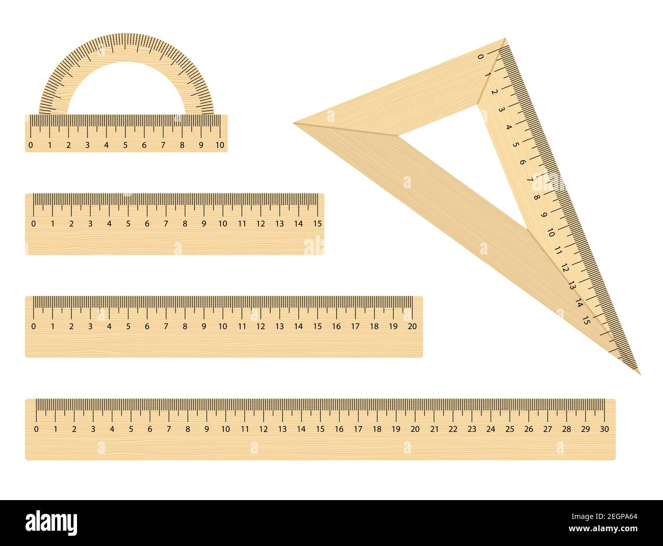 Set of realistic wooden ruler instruments. School wooden triangle, protractor and rules 15, 20, 30 centimeters. Flat style. Vector objects on white ba Stock Vector