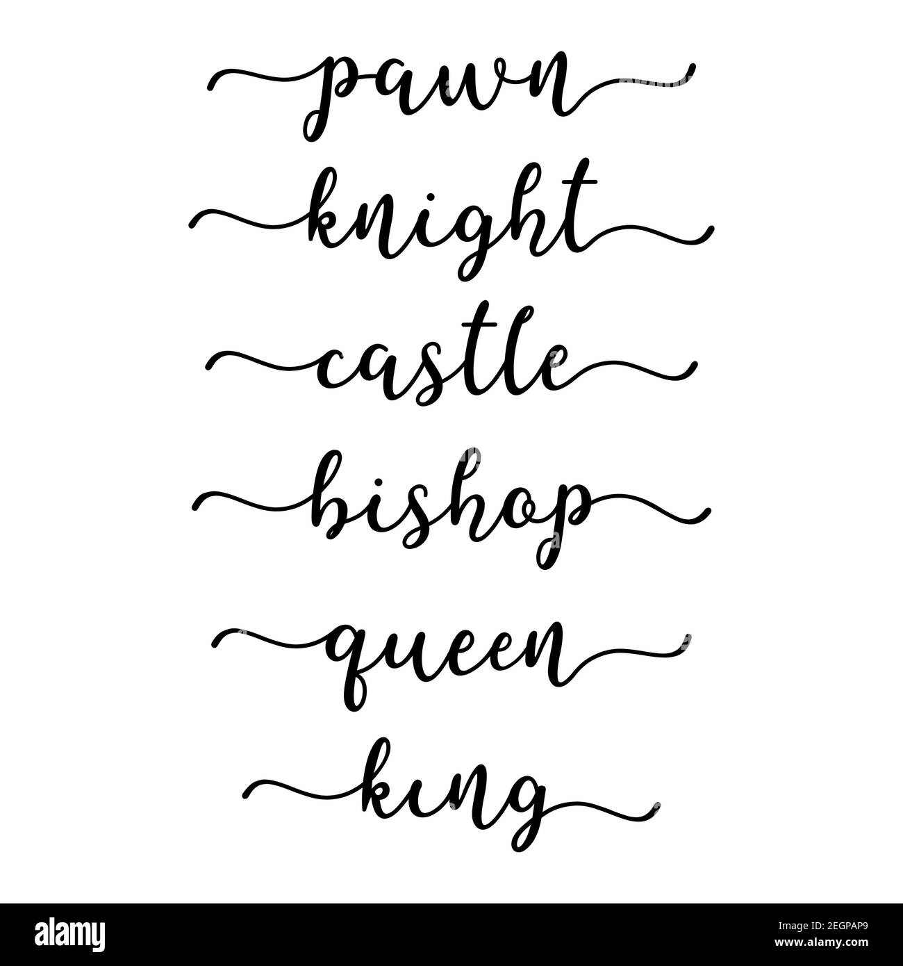 Hand sketched set of Chess Terms, castle, bishop, king, rook, pawn, queen. Lettering for poster, label, sticker, flyer, header Stock Vector