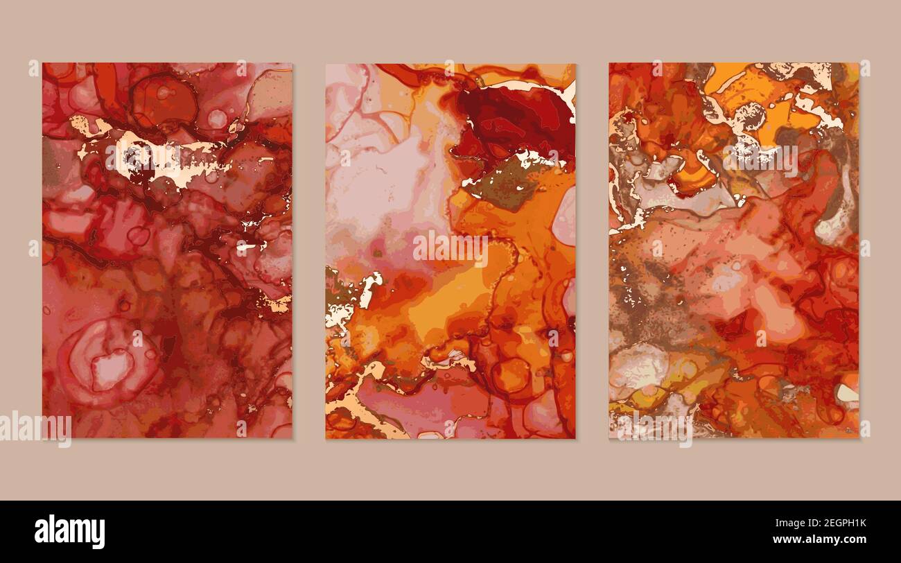 Ink Painting yellow Modern painting alcohol ink red wall decor gold