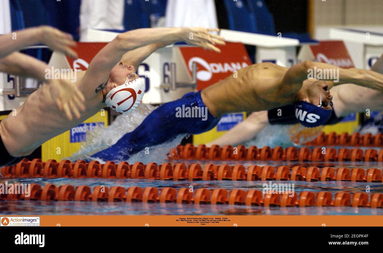 Swimming - British Championships & Olympic Trials - Sheffield - 11/4/04  Men's 100m Backstroke - Gregor Tait (White Cap) and James Goddard (Blue Cap)  Mandatory Credit : Action Images / John Sibley  Livepic Stock Photo