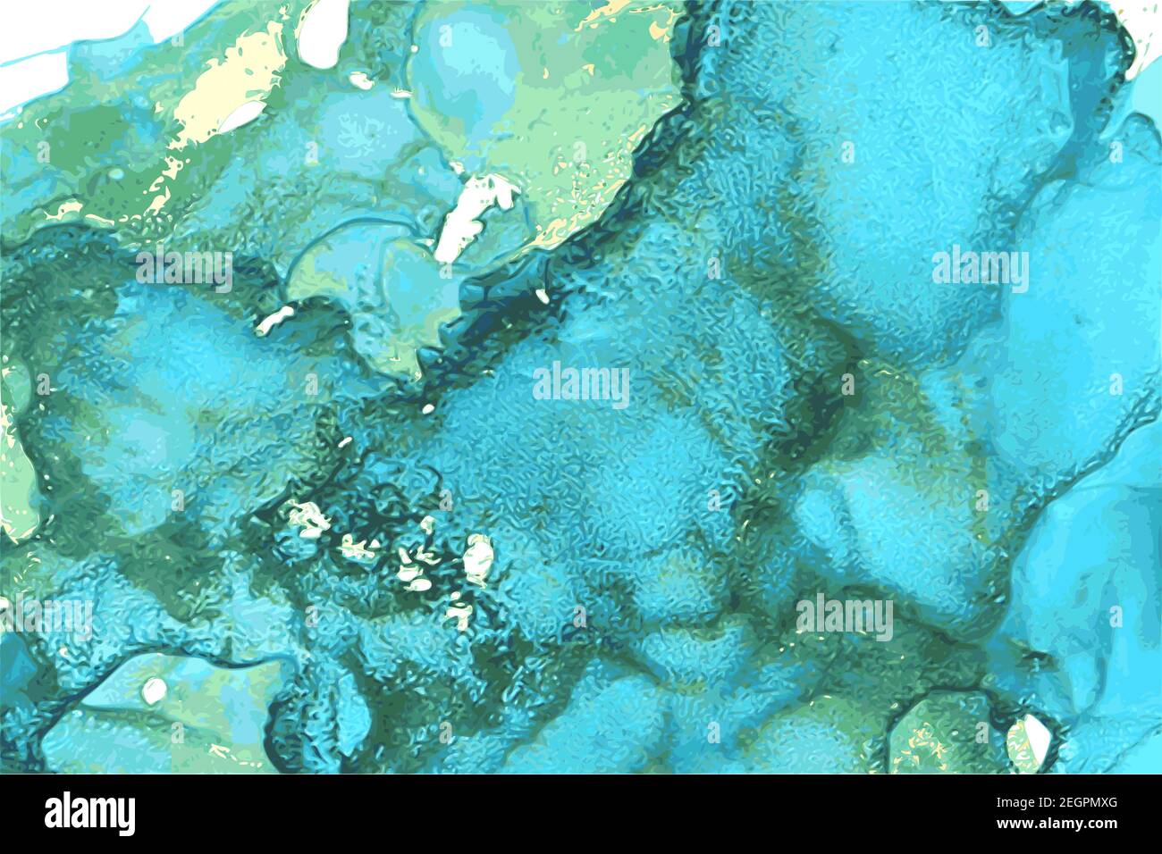Blue, green, and gold stone background with texture of marble. Alcohol ink oriental technique. Abstract vector art. Modern flow paint in natural color Stock Vector