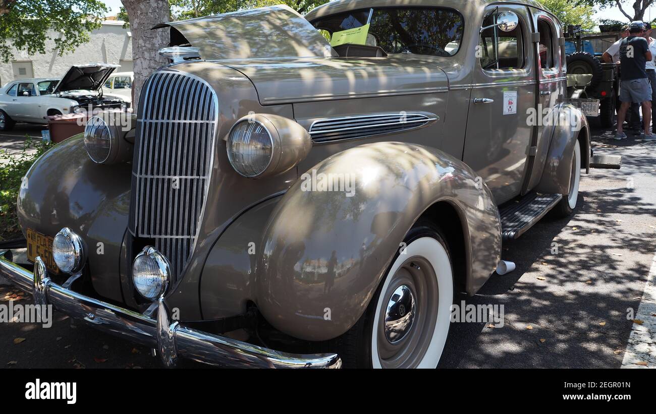 USA, Fort Lauderdale - May 21, 2017 - Antique car with rocket emblem and grills in front and sides, suicide doors Stock Photo