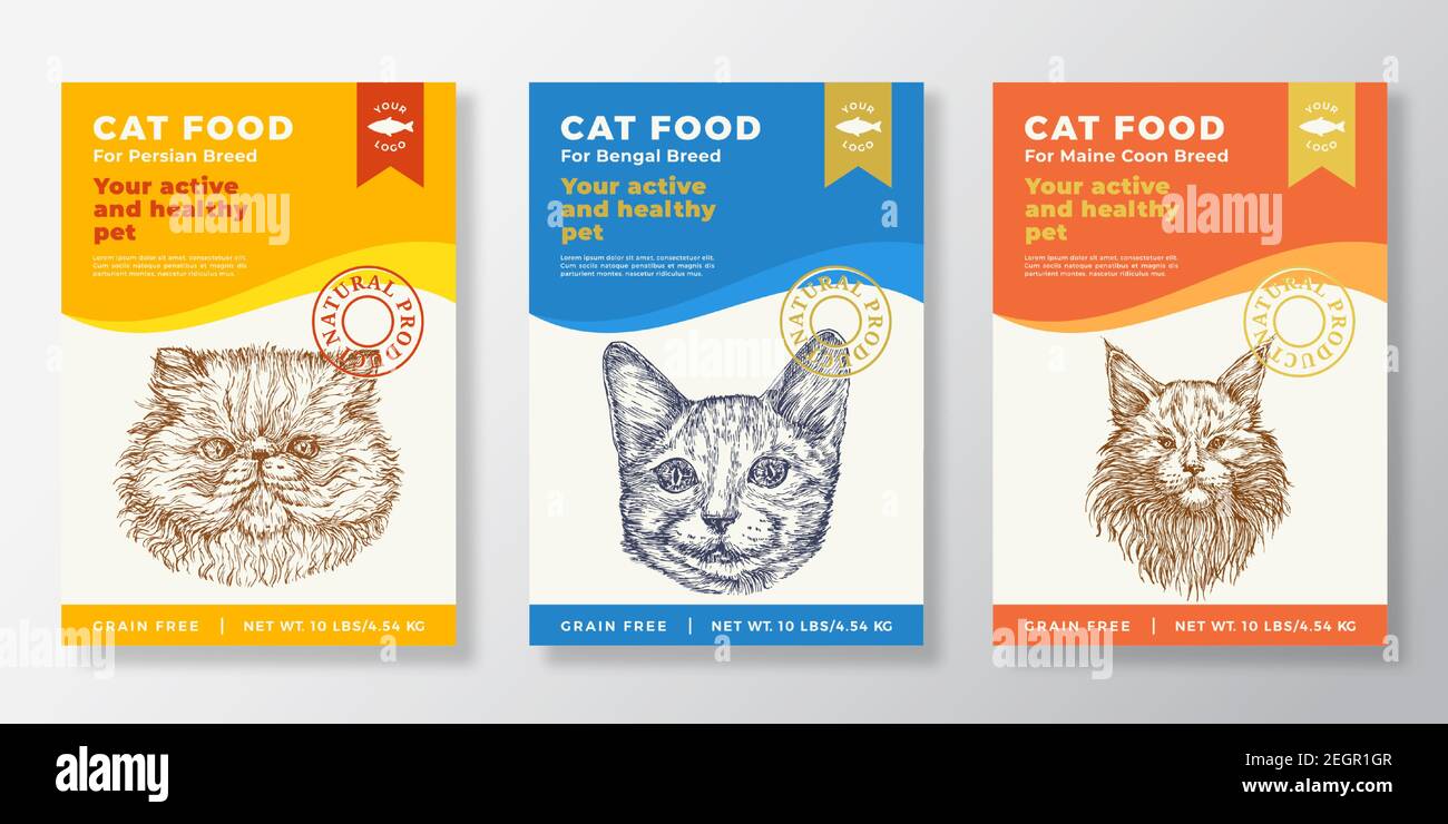 Cat Food Label Templates Set. Abstract Vector Packaging Design Layouts