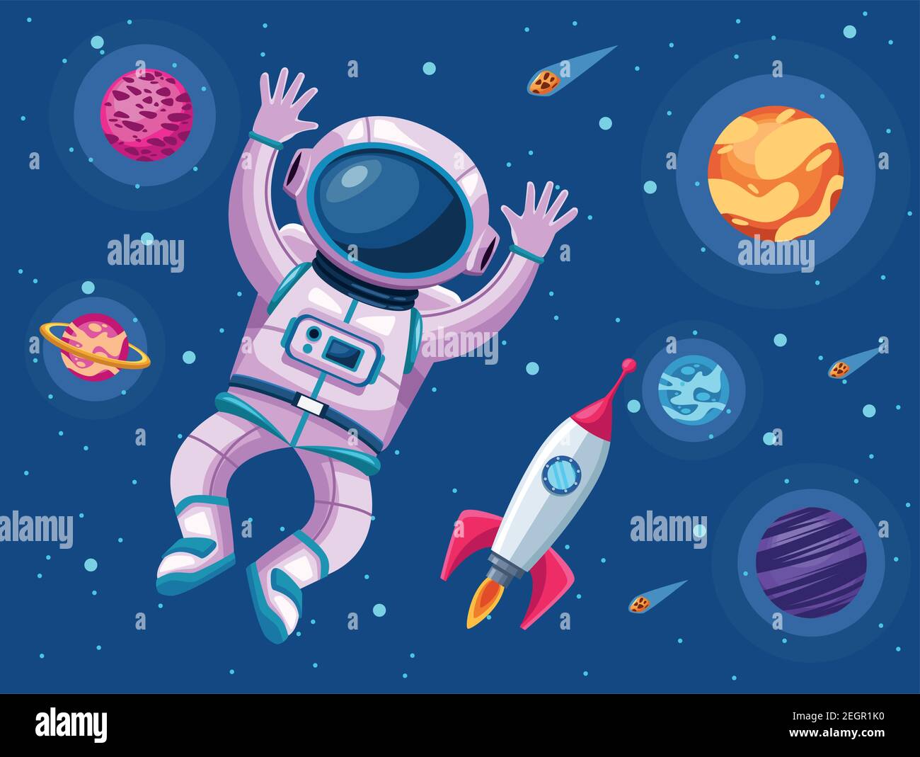 astronaut with planets and rocket space universe scene vector ...