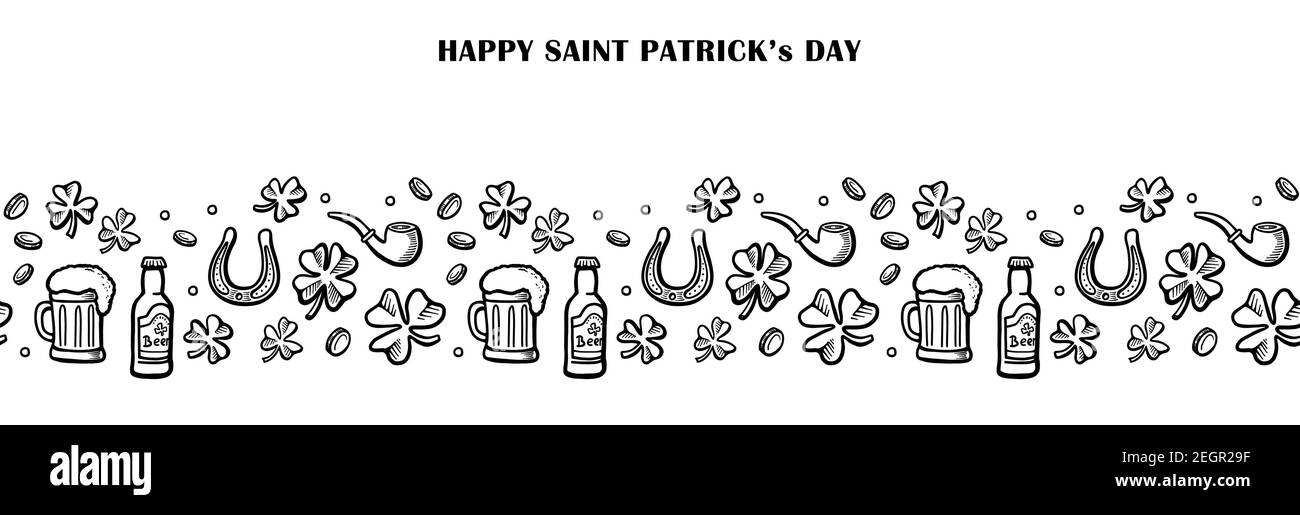 hand drawn saint patricks seamless border with black line elements on white backgroand. Irish border with clover, gold, smoking pipe and horseshshoe Stock Vector