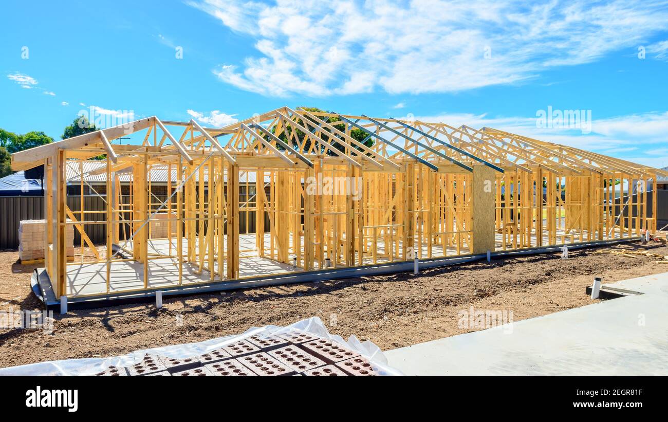 New Australian house timber frame installation process at a