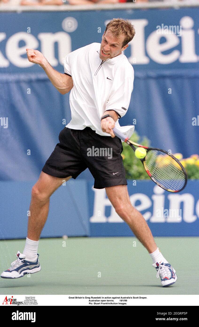 Great Britain's Greg Rusedski in action against Australia's Scott Draper.  Australian open tennis. 19/1/99 Pic: Stuart Franklin/Action Images Stock  Photo - Alamy