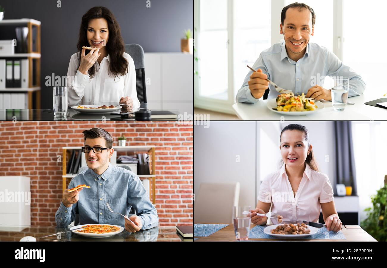 Virtual Office Video Conference Eating Party Or Break Stock Photo