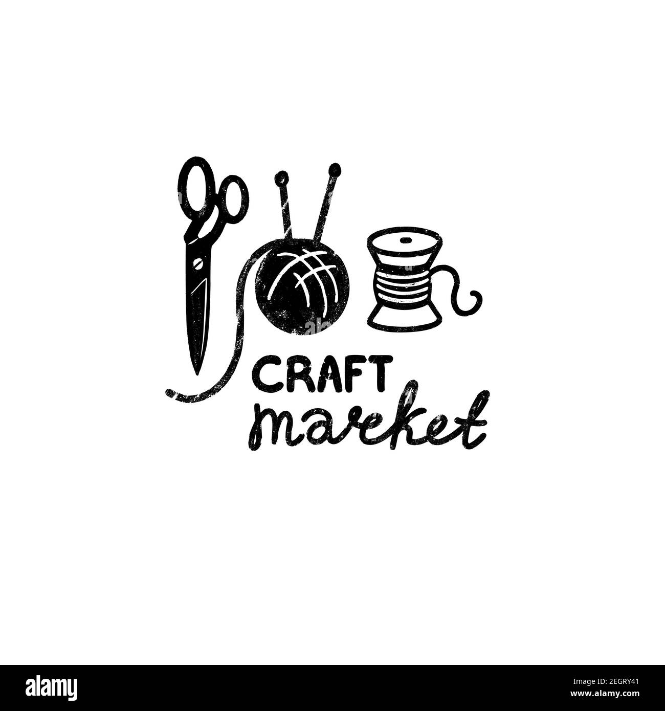 Craft market vector logo - a vintage scissors, ball of wool, and spool of thread in stamp style with craft market hand lettering. Vintage vector Stock Vector