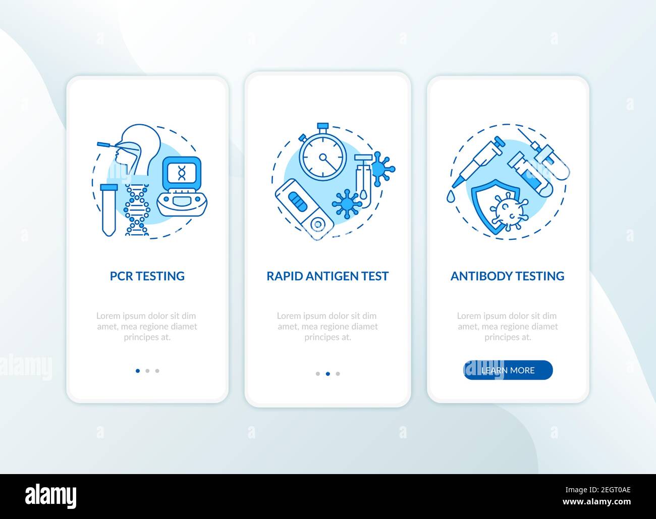 Covid testing types onboarding mobile app page screen with concepts Stock Vector