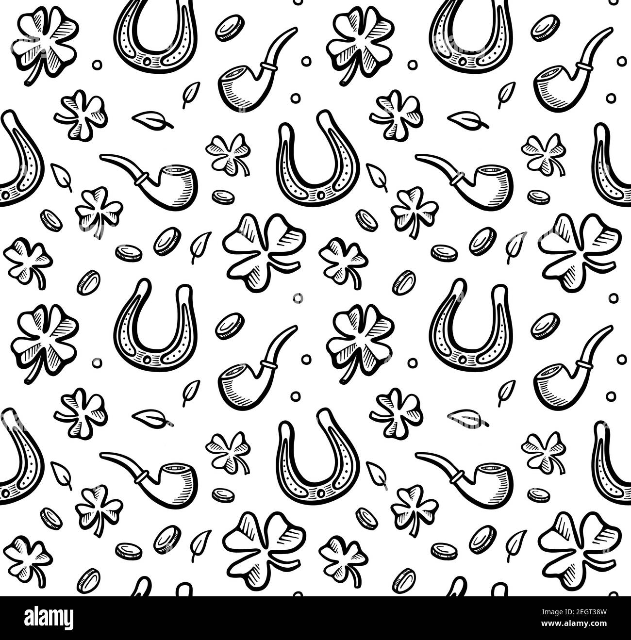 hand drawn saint patricks seamless pattern with design elements. Irish pattern with clover, gold, smoking pipe and horseshshoe. Vector line Stock Vector