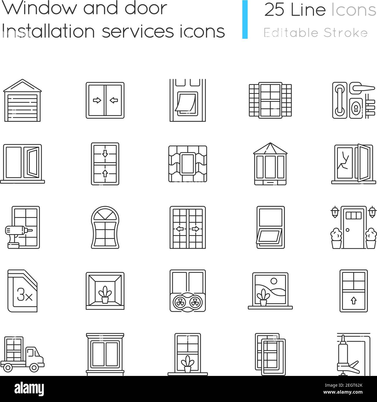 Window and door installation service linear icons set Stock Vector ...