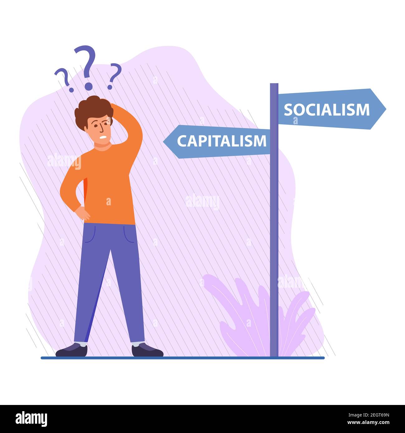 Socialist centralized economic planning. apitalist liberated free market.Young man at road pointer. Stock Vector