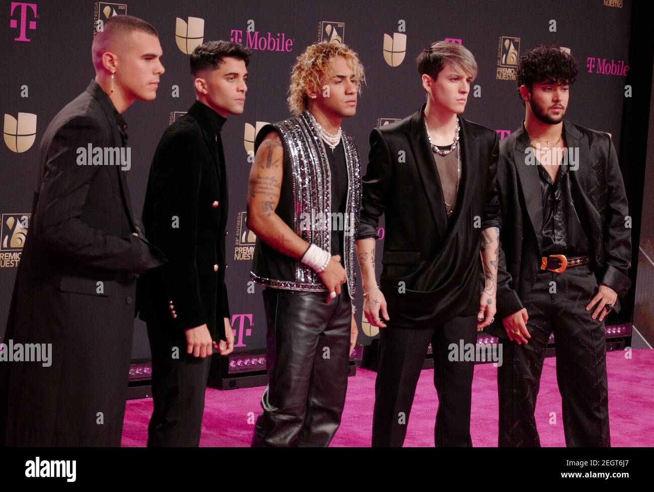 Miami United States 18th Feb 2021 L R Zabdiel De Jesus Erick Brian Colon Richard Camacho Christopher Velez And Joel Pimentel Of Cnco Walk The Red Carpet At The 33 Edition Of Univision