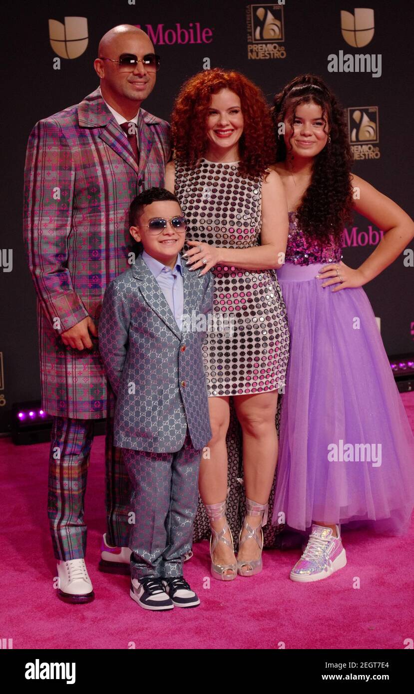 Miami, United States. 18th Feb, 2021. Wisin, Dylan Morera Ortiz, Yomaira Ortiz Feliciano, and Yelena Morera Ortiz walk the red carpet at the 33 edition of Univision 2021 Premio Lo Nuestro award show at the American Airlines Arena in Miami, Florida, Thursday, February 18, 2021. Photo by Gary I Rothstein/UPI Credit: UPI/Alamy Live News Stock Photo