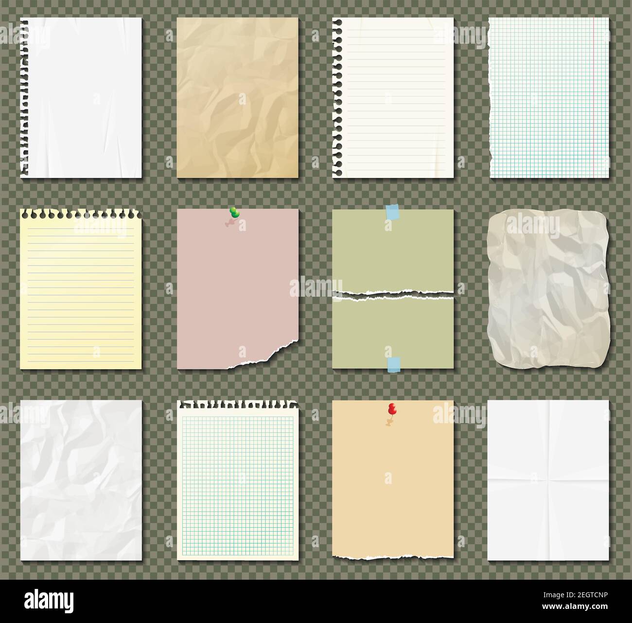 White and colorful paper sheets, notebook paper, paper sheets with torn edges on transparent background. Stock Vector