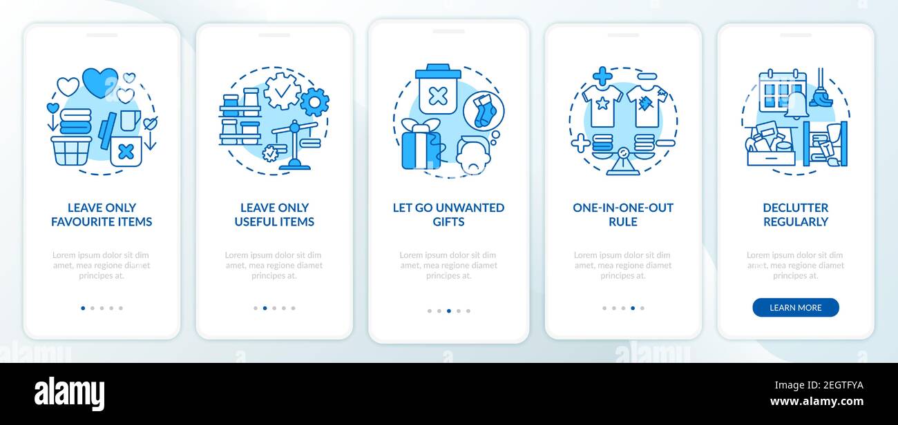 Decluttering tips oonboarding mobile app page screen with concepts Stock Vector