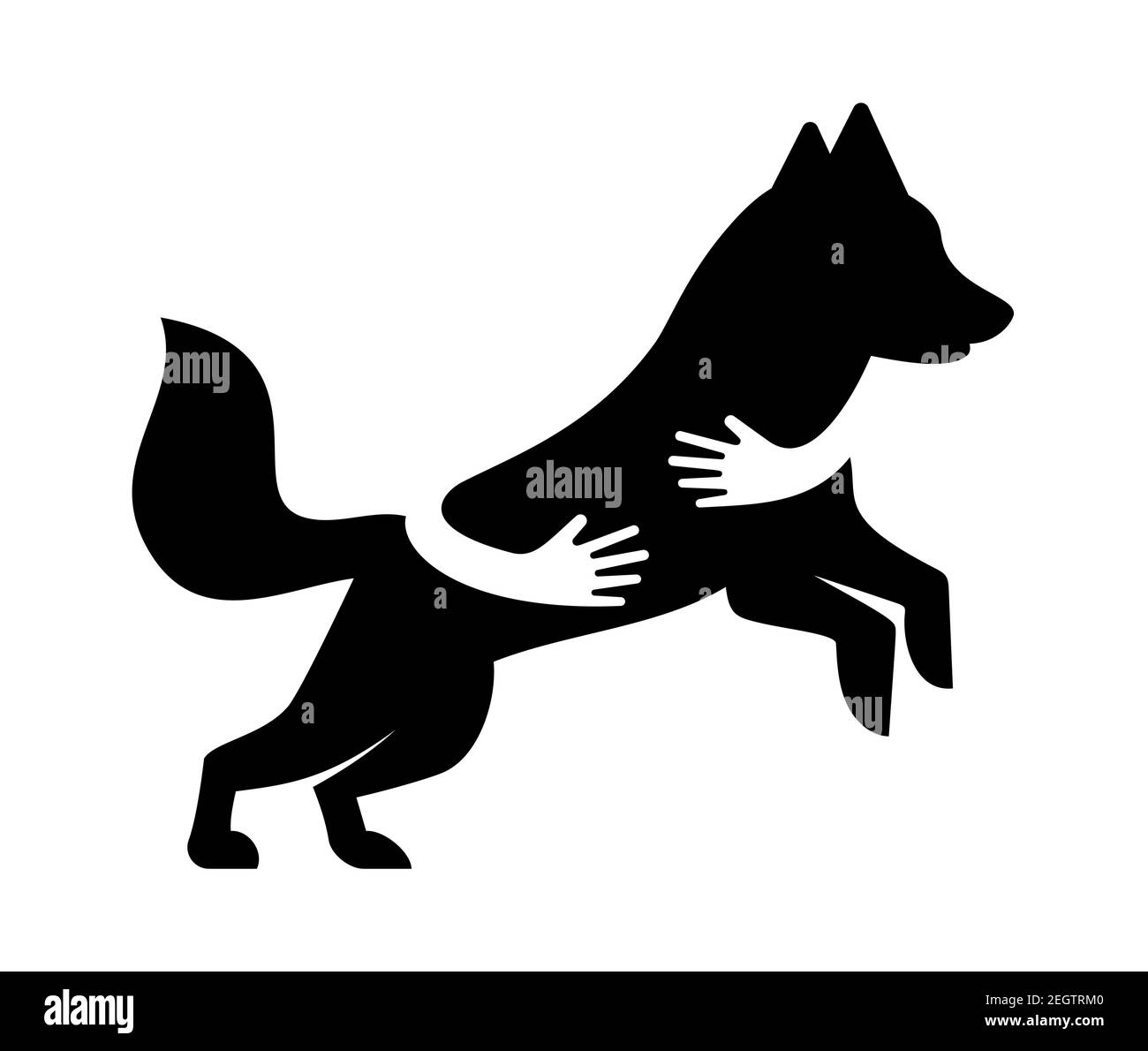 Human hands embracing or holding dog silhouette vector flat illustration. Creative emblem with arms in black color. Pet shop, veterinary clinic, pet sitter service sign design template. Stock Vector