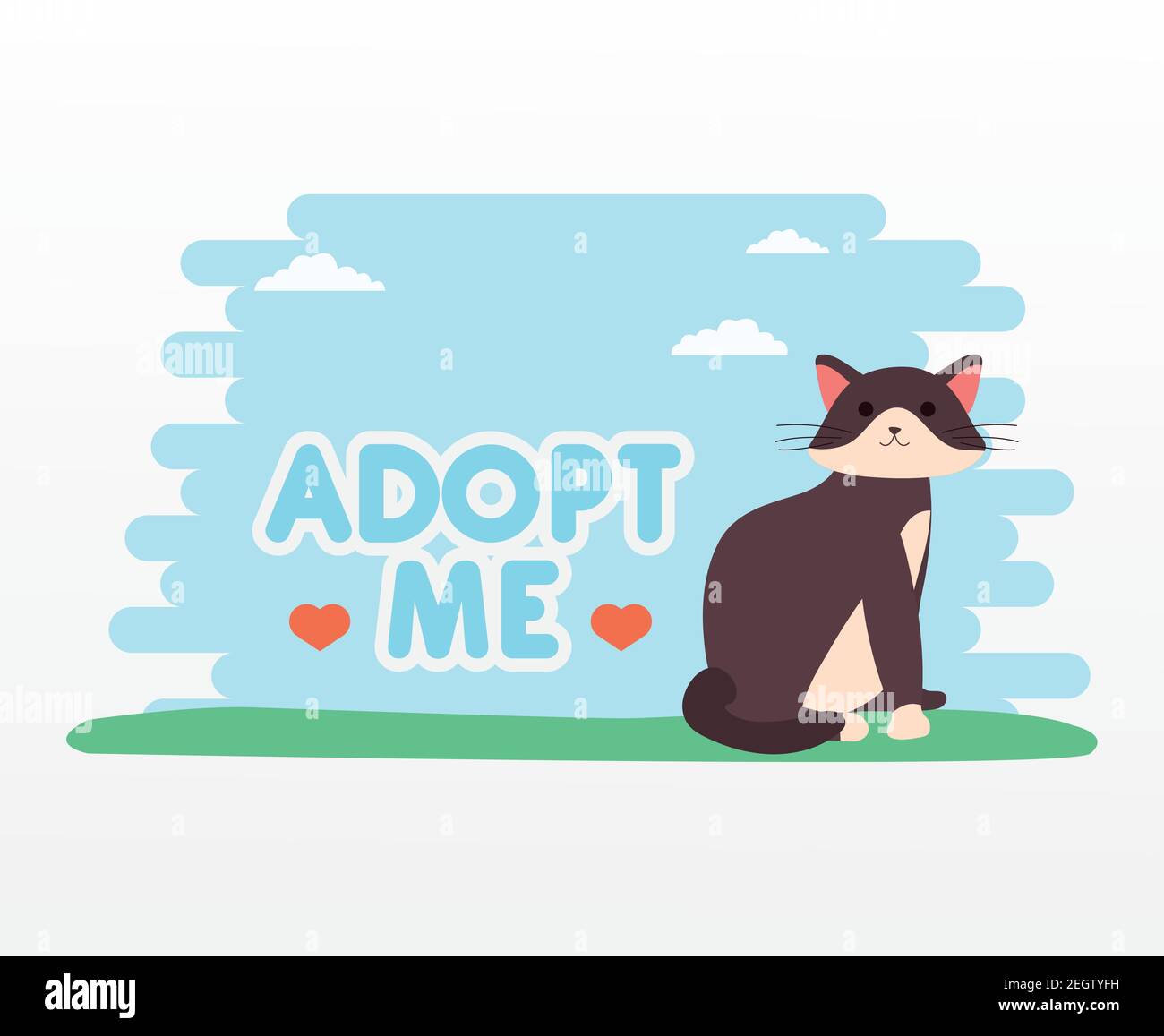 adopt me lettering with cute cat and hearts vector illustration design