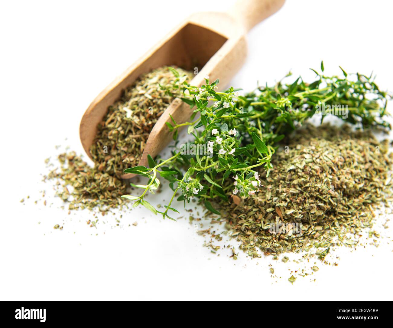 Fresh and dry thyme on white background Stock Photo Alamy
