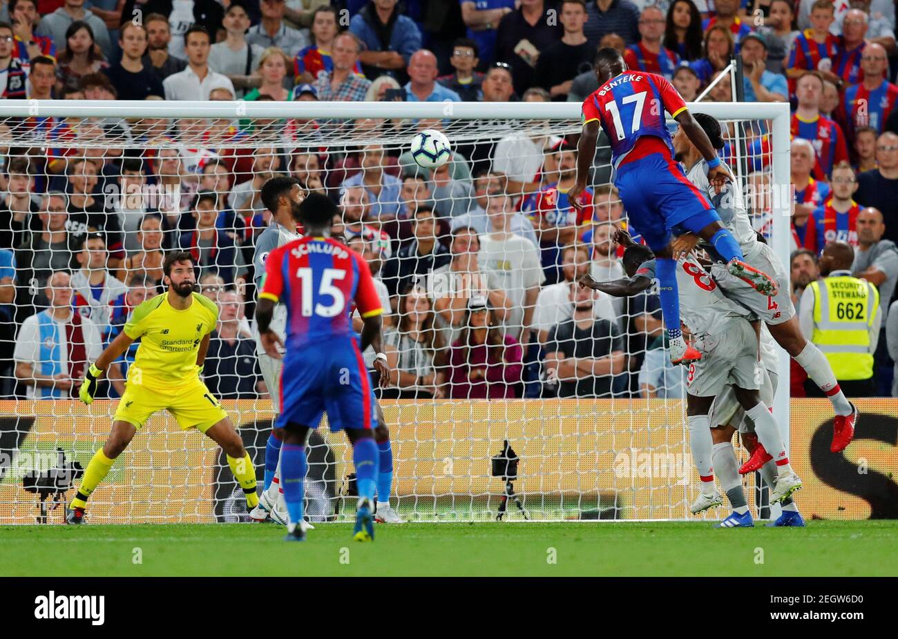 Soccer Football - Premier League - Crystal Palace v Liverpool - Selhurst Park, London, Britain - August 20, 2018  Crystal Palace's Christian Benteke heads at goal                     REUTERS/Eddie Keogh  EDITORIAL USE ONLY. No use with unauthorized audio, video, data, fixture lists, club/league logos or "live" services. Online in-match use limited to 75 images, no video emulation. No use in betting, games or single club/league/player publications.  Please contact your account representative for further details. Stock Photo