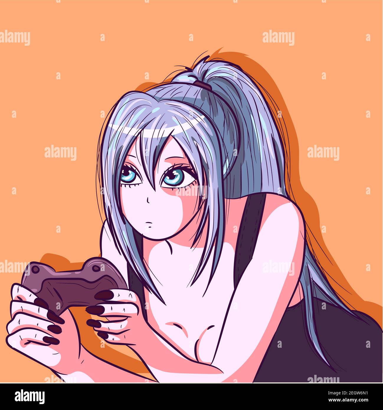 Anime girl with long blue hair playing games on a console. Manga doll holding a gamepad. Cartoon character of a modern woman playing and streaming onl Stock Vector