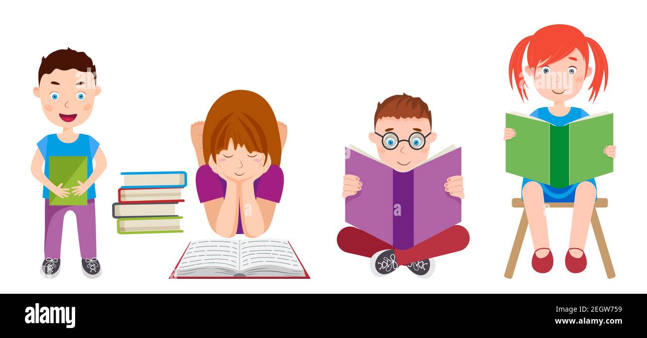 Little kids sitting and reading books. Vector illustration Stock Vector ...