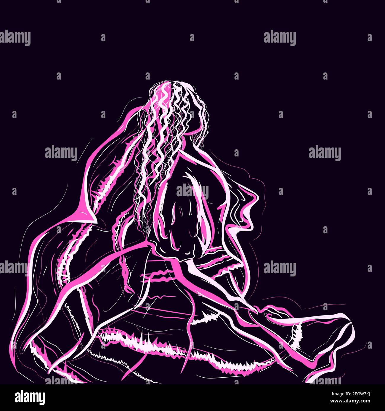 Abstract neon illustration of a woman performer for Cinco de Mayo. Spanish girl dancing and wearing a traditional colorful dress. Stock Vector