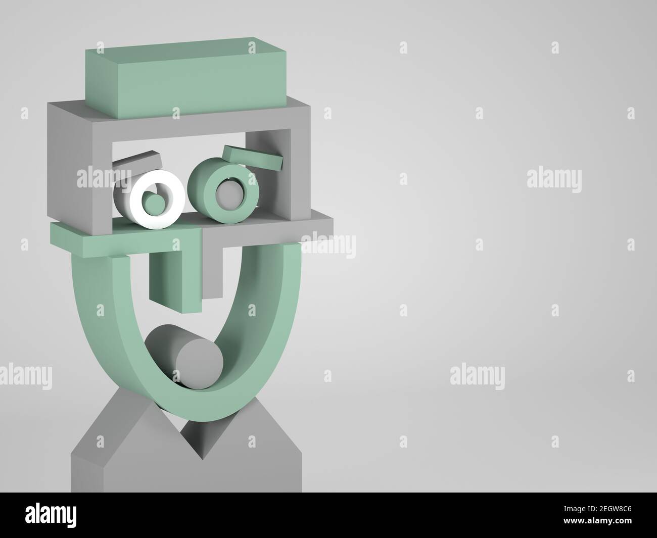 Surreal confused face, geometric installation. Abstract equilibrium still life with gray, green and white primitive shapes. 3d rendering illustration Stock Photo