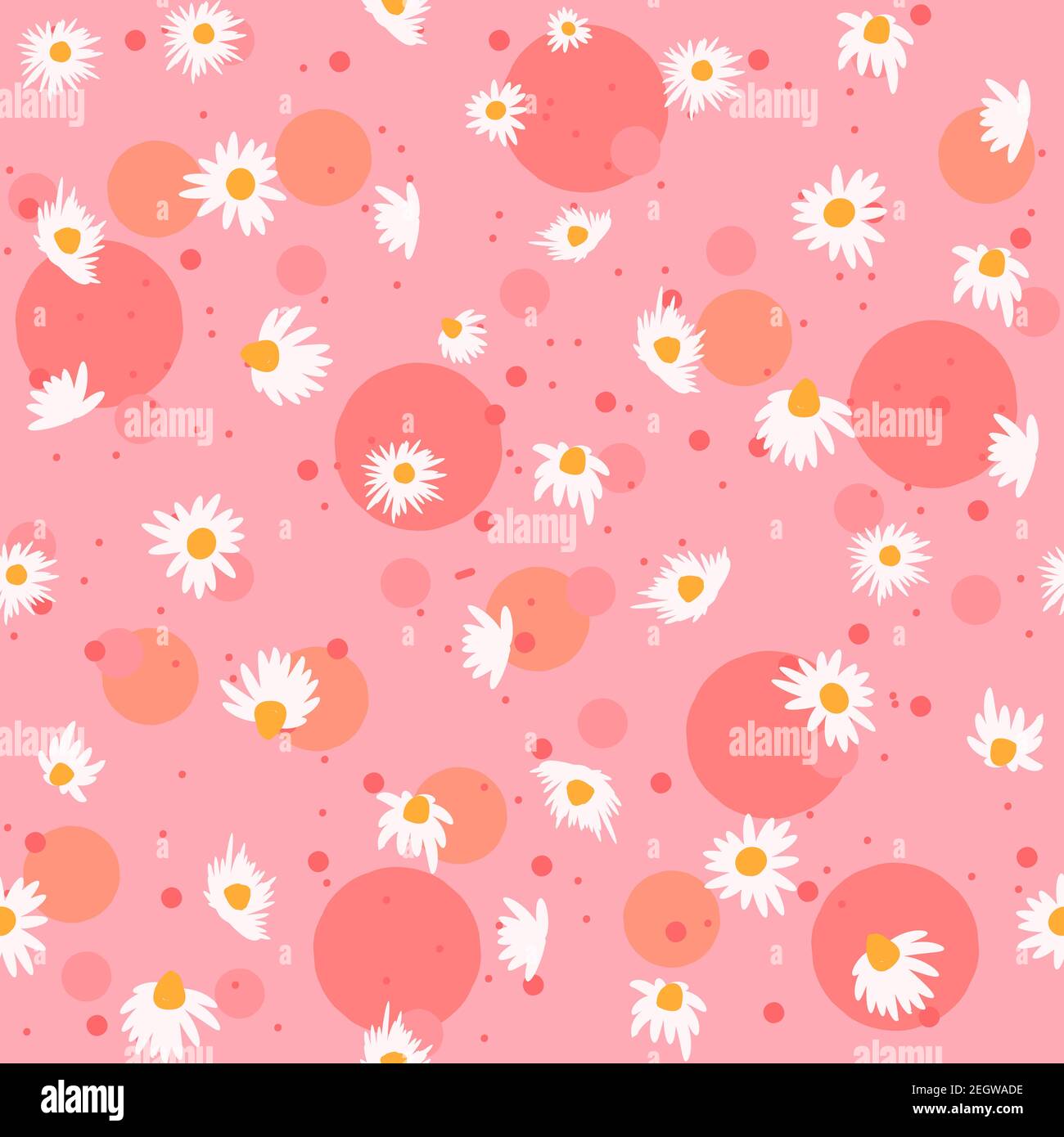 Spring seamless pattern with chamomile flowers and pink bubbles. Repetitive feminine and floral background with white flowers. Herbal wrapping paper. Stock Vector