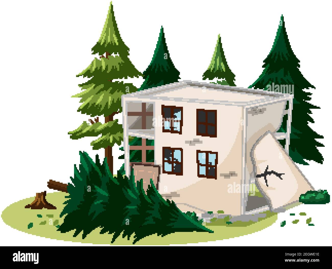 Broken Building damaged by earthquake isolated on white background