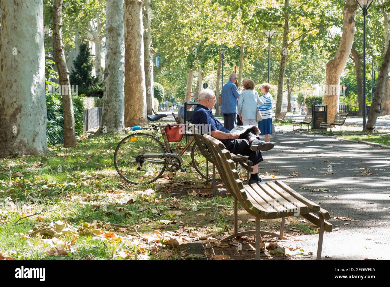 People meeting and relaxing on a sunday morning in the park on a warm autumnal day, city of Piacenza, Italy Stock Photo