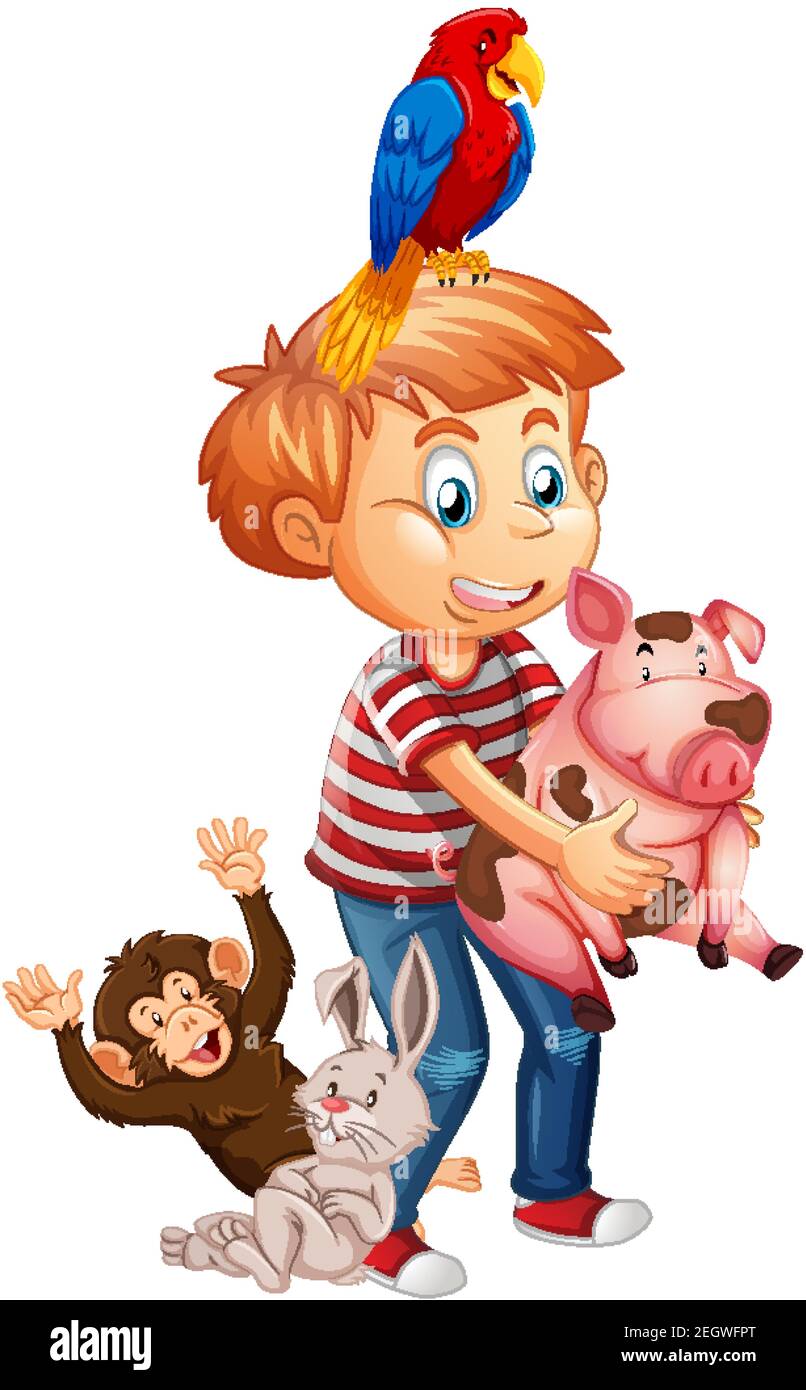 Boy playing with a dog isolated on white background illustration Stock ...