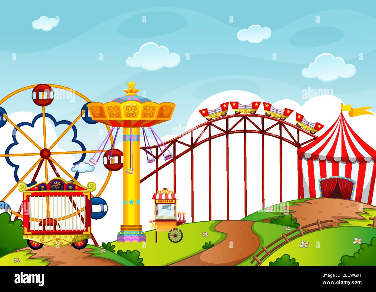 Amusement park with many rides and shops illustration Stock Vector ...