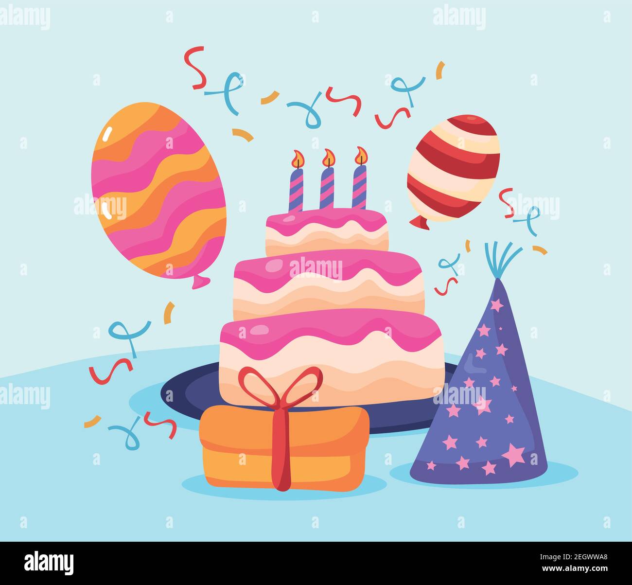 happy birthday sweet cake with hat and balloons helium vector ...