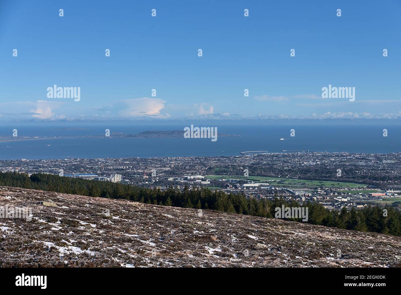 Beautiful aeriallike distant view of Dun Laoghaire harbor, Howth and