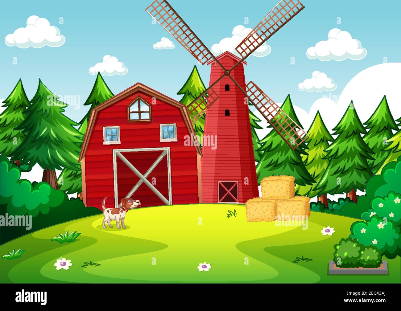 Background scene with red barn and windmill in the farm illustration ...