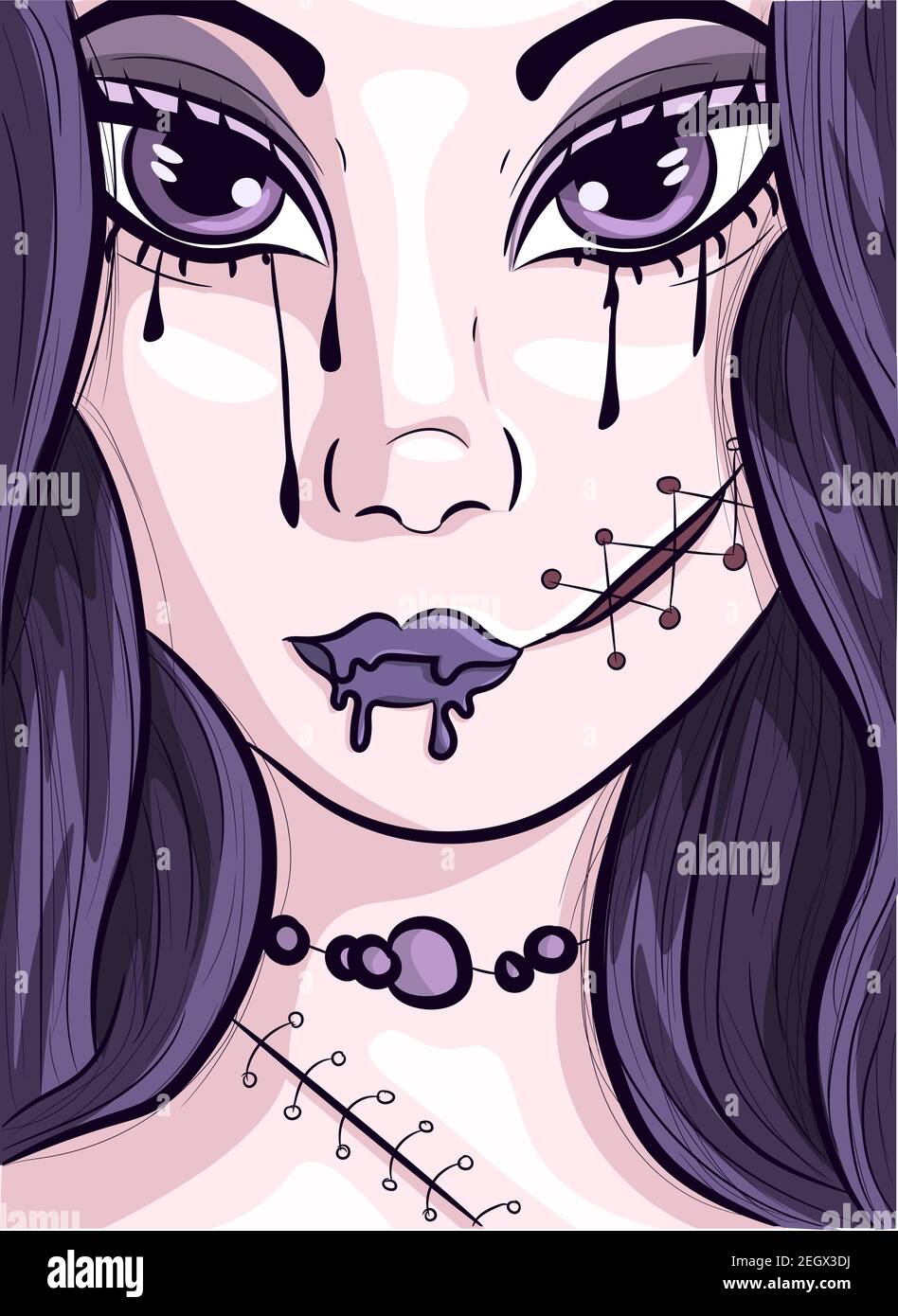 Old broken doll with stitches and messy mascara conceptual art. Pastel goth woman with purple hair and big eyes. Closeup avatar of a milennial girl. Stock Vector