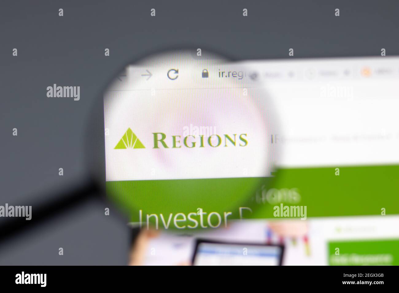 New York, USA - 15 February 2021: Regions Financial Corporation website in browser with company logo, Illustrative Editorial Stock Photo